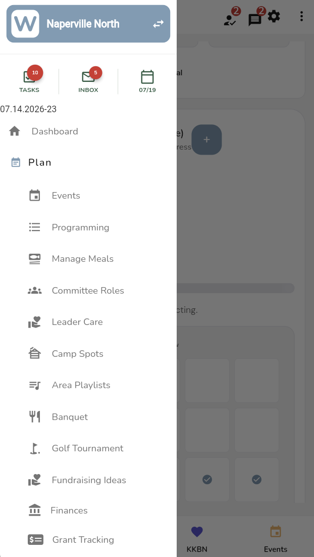 Area menu inside The Leader App