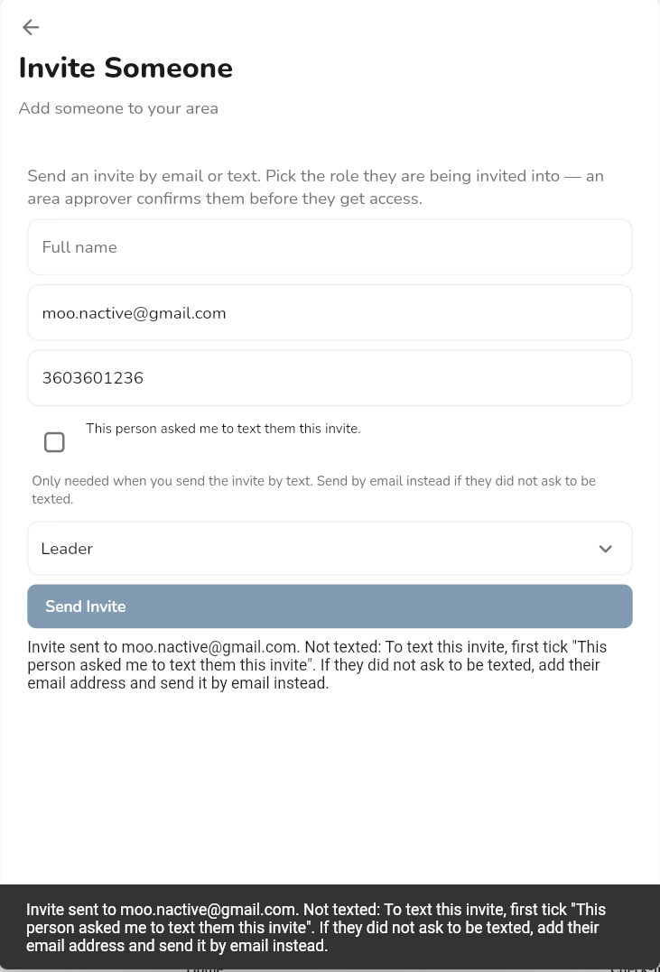 Leader App invite screen with an unchecked box reading: This person asked me to text them this invite.