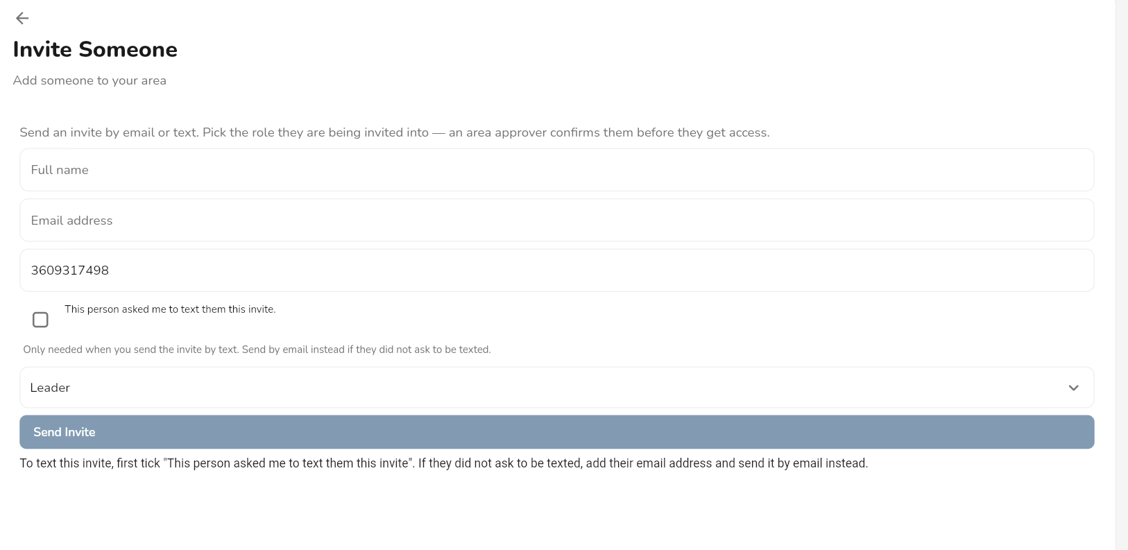 Leader App refusing to text an invite because the attestation box was not checked.