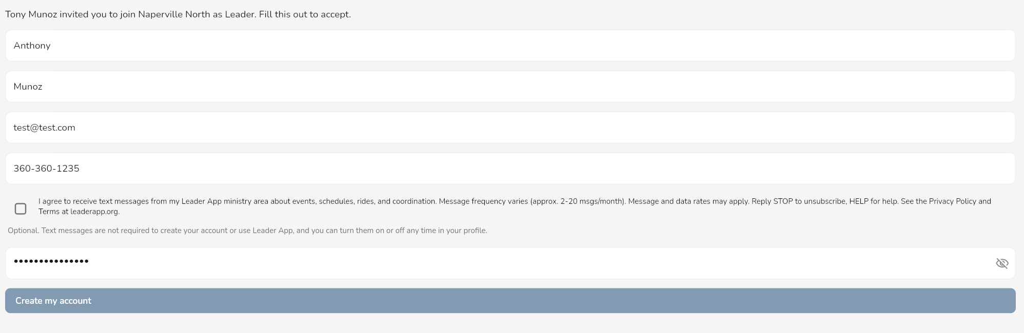 Leader App signup form with the SMS consent checkbox unchecked by default.