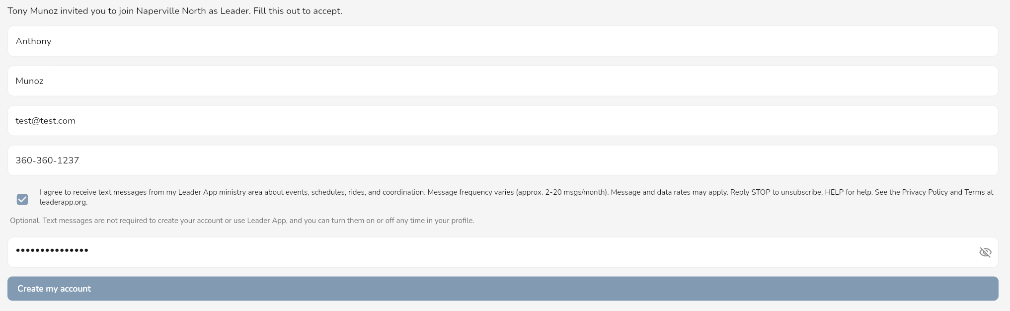 Leader App signup form with the SMS consent checkbox checked by the user.