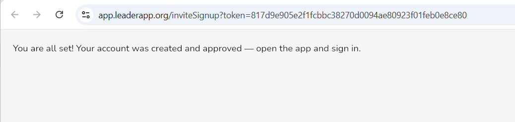 Confirmation that the Leader App account was created.