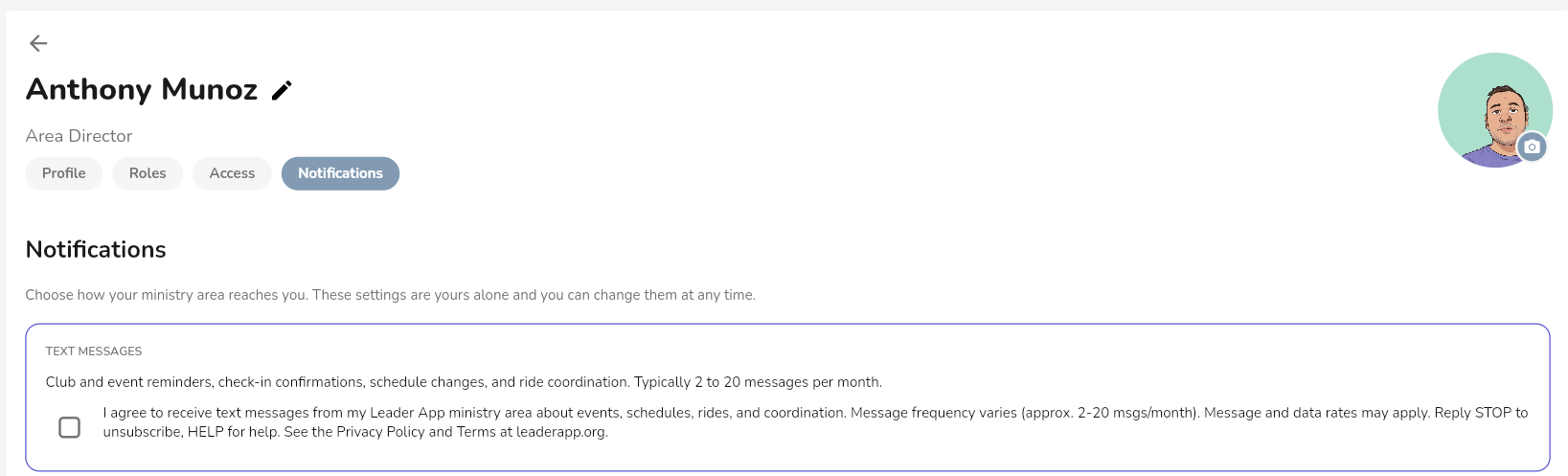 Leader App profile Notifications tab with text messages turned off.