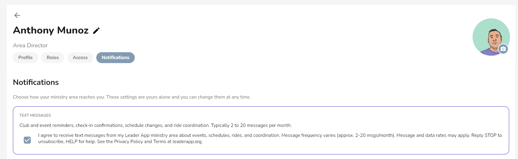 Leader App profile Notifications tab with text messages turned on.